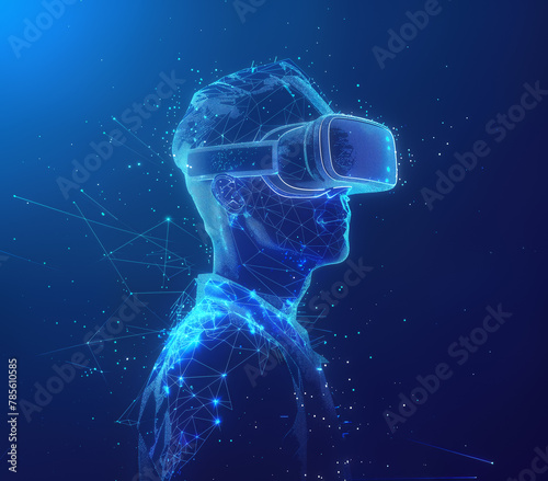 Man wearing virtual reality headset. Abstract vr world with neon lines and particles. 3d concept technology illustration