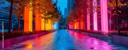 Vibrant Neon Lit Food Sculptures Illuminate Futuristic Pastel City Street