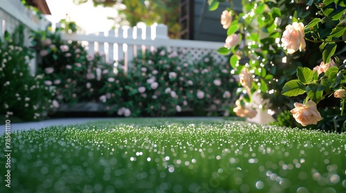 A quaint backyard oasis displays dewy artificial grass, encased by picket fencing and rose vines. photo