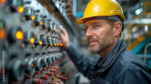 Man in Hard Hat Looking at Bunch of Switches