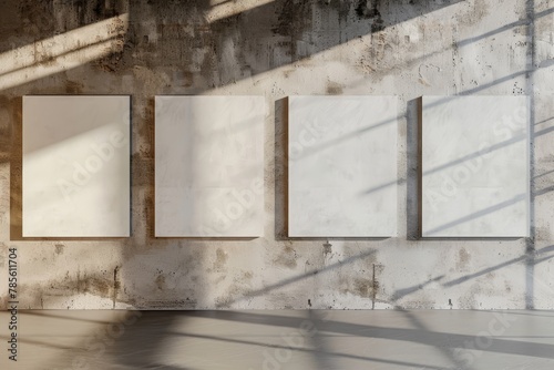 a mockup blank white canvases hang side by side on a concrete wall, illuminated by soft light casting subtle shadows 