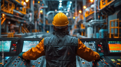 Man in Hard Hat Looking at Bunch of Switches