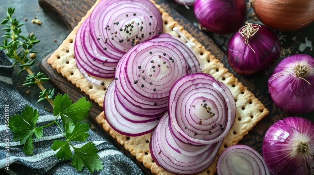 A table holds a collection of onions, crackers, and a green garnish A table holds a collection of onions, crackers, and a green garnish