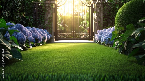 Sunrise over artificial grass in a compact garden, framed by hydrangeas. photo