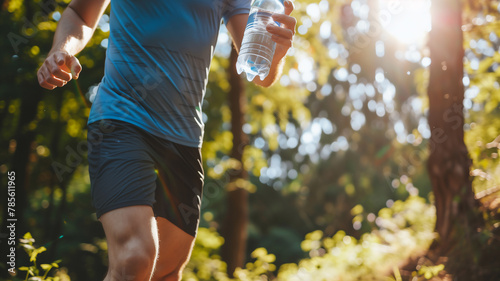 Man is jogging in summer hold water bottle in his hand , work out in hot weather . photo