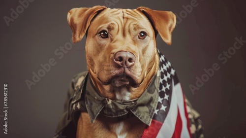 A cute brown dog poses indoors  wearing a military shirt and American Flag