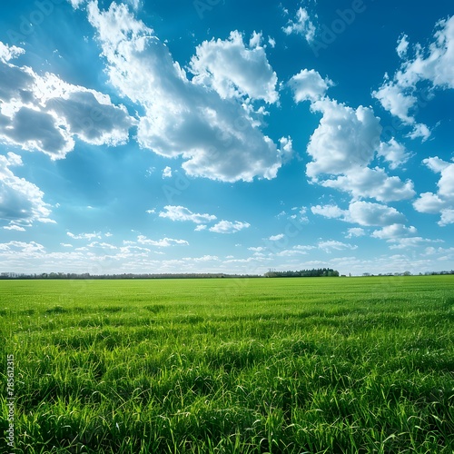 Endless Green Fields - Stunning Natural Landscape for Spring and Summer Showcase with Blue Sky and White Clouds on Sunny Day