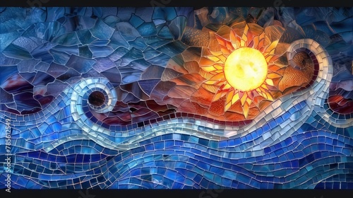 Marine Mosaic, Right-Side Sun, Stained Glass Illusion with Ocean Wave
