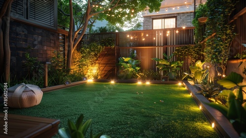 Solar lights twinkle in a snug garden at night, casting enchantment over the artificial grass. photo