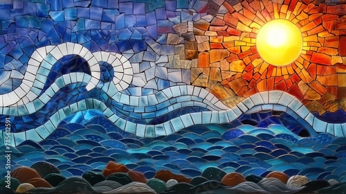 Marine Mosaic, Right-Side Sun, Stained Glass Illusion with Ocean Wave

