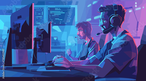 Customer Support Operators Providing 24/7 Online Technical Assistance with Headsets and Computers Vector Illustration photo