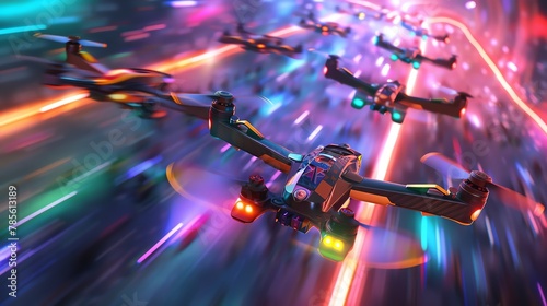 Capture the adrenaline of a drone racing event with a dynamic low-angle view, showcasing the speed and intensity of the drones in vivid colors, using digital rendering techniques