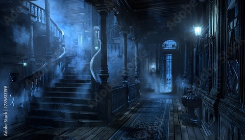 Haunted mansion dark and dusty Staircase with Open doorway generative ai