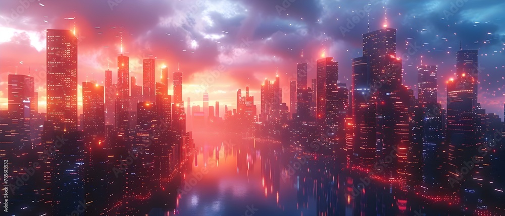 Dawn of the 5G Era: A Smart City's Fiery Skyline. Concept Technology, 5G, Smart City, Urban Development, Innovation