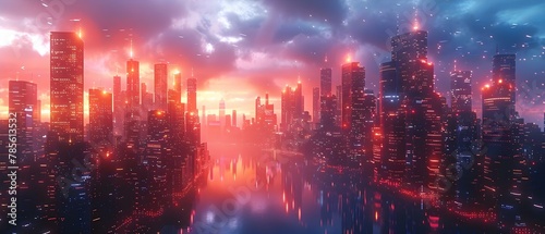 Dawn of the 5G Era: A Smart City's Fiery Skyline. Concept Technology, 5G, Smart City, Urban Development, Innovation