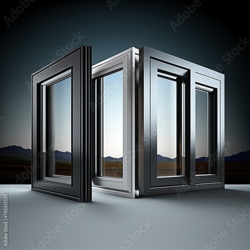 Aluminium window and door frames with a reflective glass design align perfectly against a desert landscape, showcasing a seamless blend of industry and nature