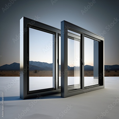 Aluminium window and door frames with a reflective glass design align perfectly against a desert landscape, showcasing a seamless blend of industry and nature