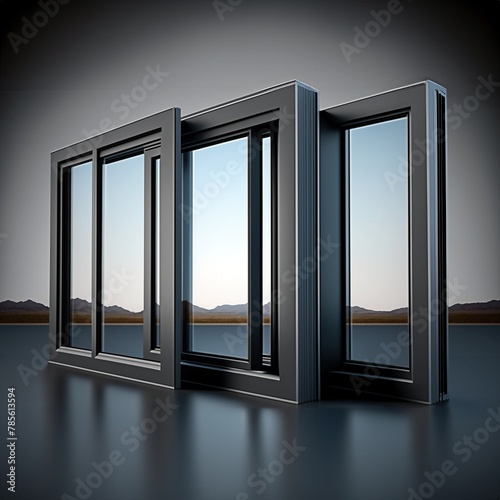 Aluminium window and door frames with a reflective glass design align perfectly against a desert landscape, showcasing a seamless blend of industry and nature