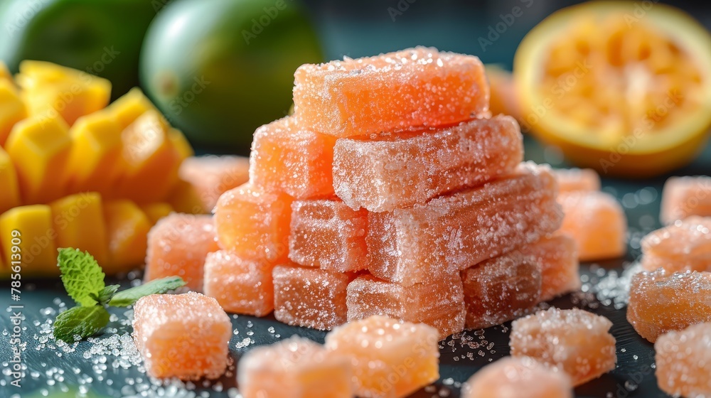 A stack of sugar cubes atop a table, nearby piles of oranges and limes A stack of sugar cubes atop a table, nearby piles of oranges and limes