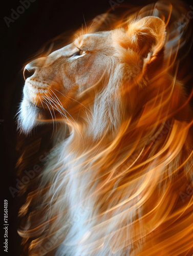 A portrait of a roaring lion, fantasy with flames and glowing lights