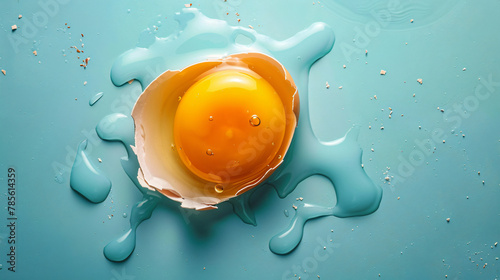 Cracked egg with yolk on minimalist background