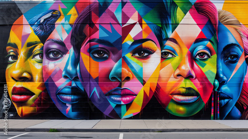 Mural of iconic women who have shaped history, vibrant colors, located in a public space, tribute for Women's History Month
