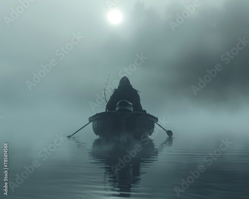 A fisherman trolling a line while navigating with a compass in dense fog