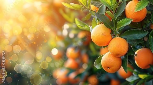 Bunch of fresh ripe oranges hanging on a tree in orange garden.