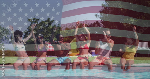 Image of american flag over diverse friends at pool party