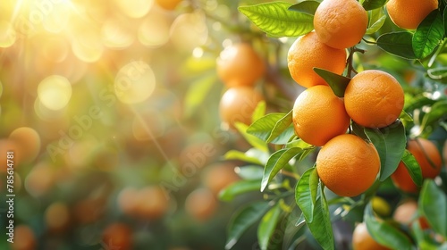 Bunch of fresh ripe oranges hanging on a tree in orange garden.