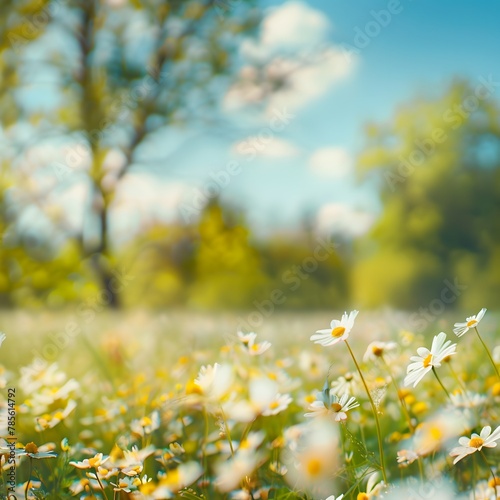 Spring Serenity - Tranquil Blooming Glade with Chamomile, Trees, and Blue Sky on a Sunny Day