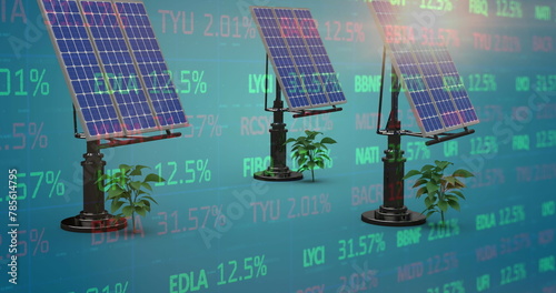 Image of financial data processing over solar panels and plants