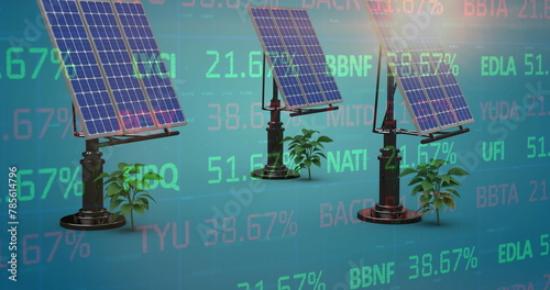 Image of financial data processing over solar panels and plants