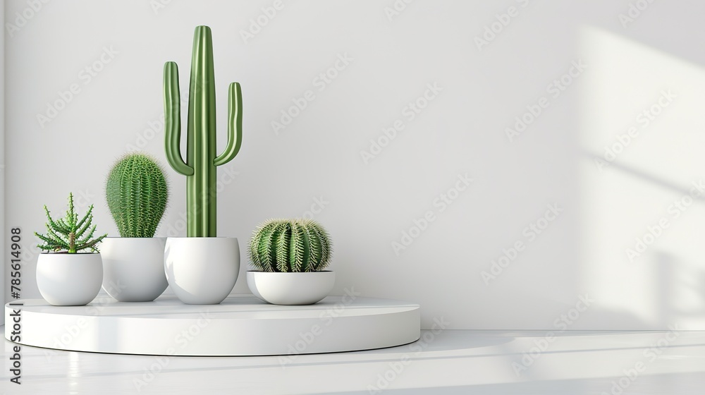 cactus in white pots on a white background on a podium with a place for text