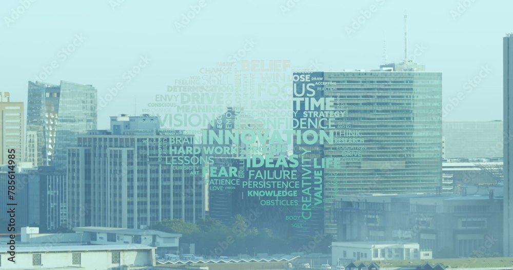 Image of texts over cityscape