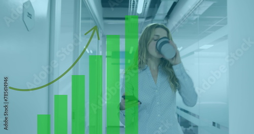 Image of financial graphs over caucasian woman with coffee walking in office
