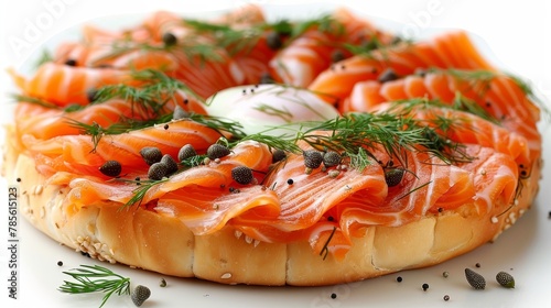  A bagel topped with salmon, olives, dill, salt, and pepper on a pristine white plate