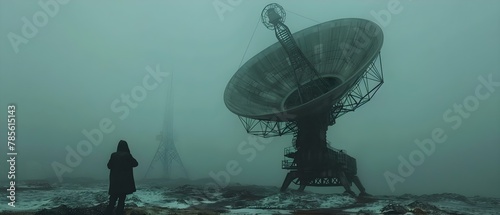 Silent Sentinels: Radio Telescopes Piercing the Mist. Concept Astronomy, Radio Telescopes, Misty Landscapes, Space Exploration, Silent Sentinels photo