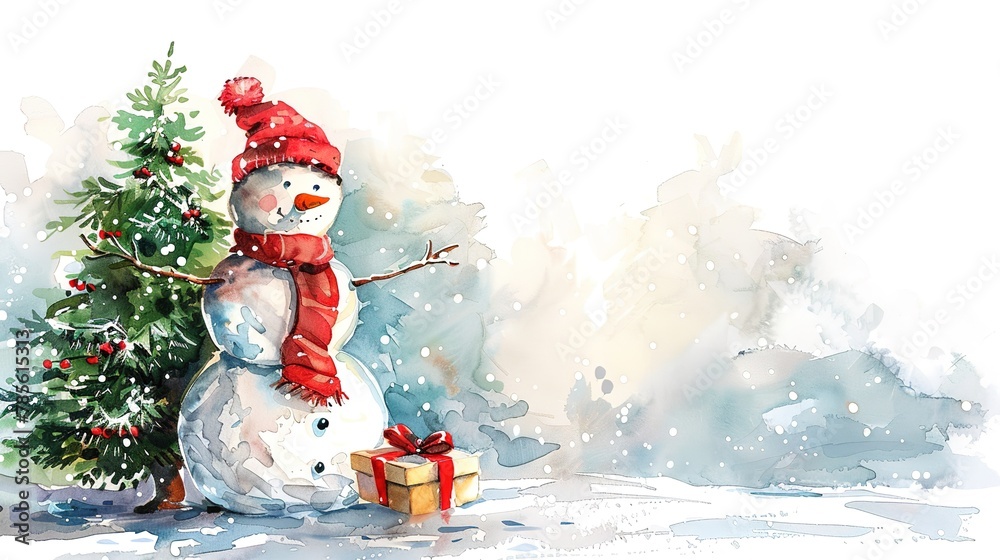 Obraz premium Snowman with a Christmas tree, watercolor 