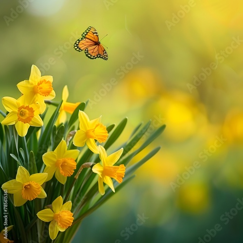 Sunshine Serenade - Captivating Display of Yellow Daffodils and Butterfly in Natural Green-Yellow Setting © Zelta