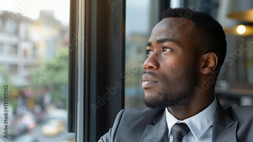thoughtful african american businessman gazing out window leadership and vision concept