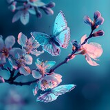 Springtime Serenity - Captivating Cherry Blossoms and Blue Butterflies at Sunrise, Macro Photography on Blue Background