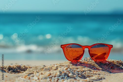Close up of sunglasses on beach with other summer ornaments for summer celebration card design