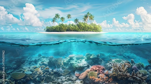 tropical island and coral reef split view vibrant digital illustration of paradise