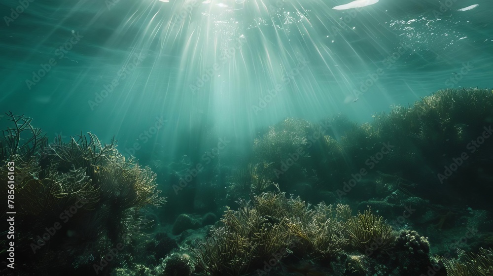 Fototapeta premium underwater scene with soft sunlight filtering through highlighting the tranquil beauty of the oceans depths