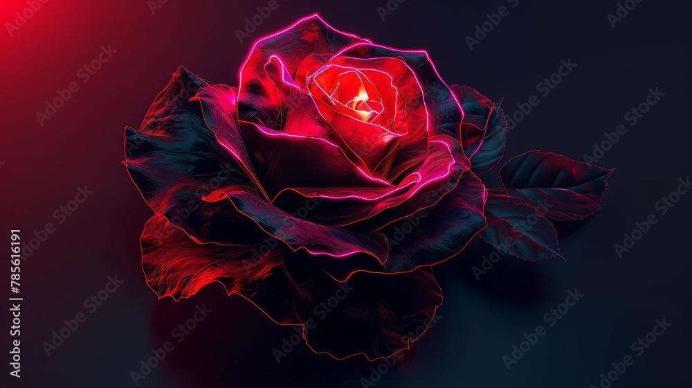 vantablack rose flower with vibrant red neon light dark floral vector illustration