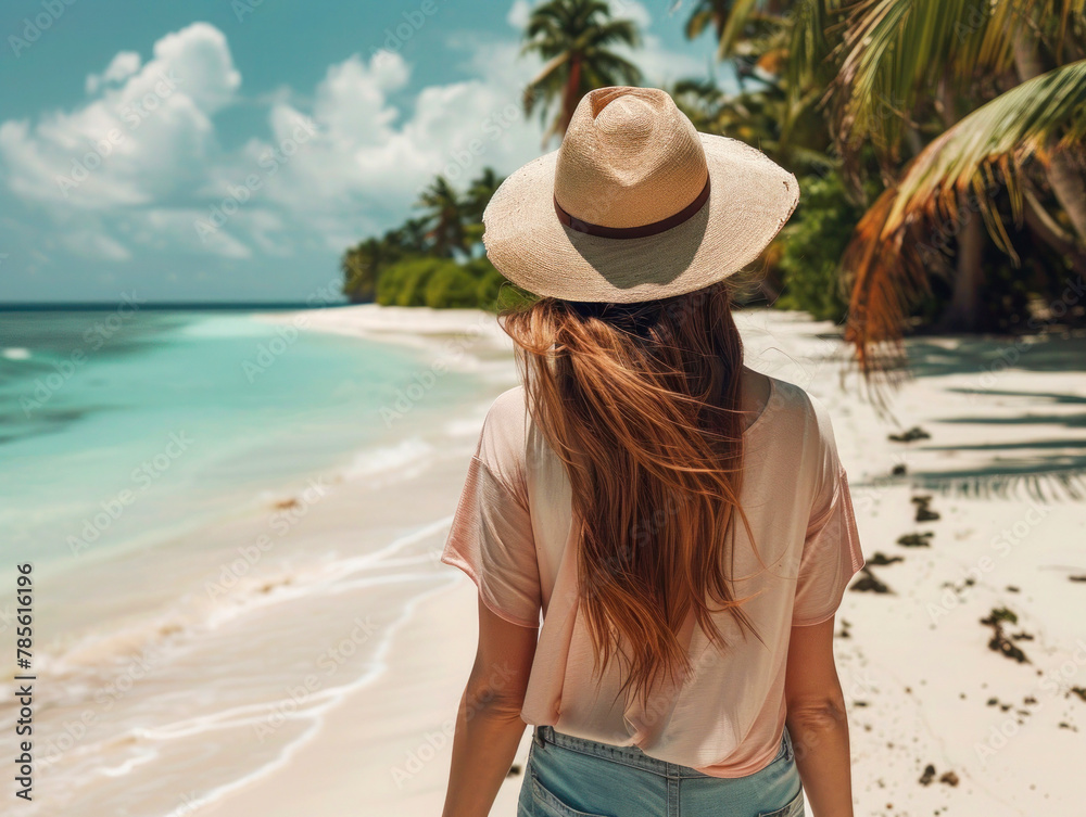 Young women walking on a tropical sandy beach and looking out to sea.