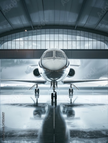Private jet ready on the tarmac in stormy weather - The gleaming private jet stands on reflective tarmac against a backdrop of stormy clouds, ready for a high-powered journey despite nature's challeng