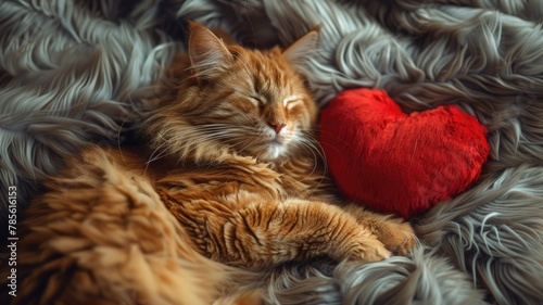 Ginger cat cuddling with a red heart plush - An adorable ginger cat sleeps peacefully cuddling a plush red heart on a fuzzy gray background