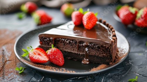 Elegant chocolate tart with strawberries - Gourmet chocolate tart with glossy ganache and ripe strawberries on an artistic dark plate photo